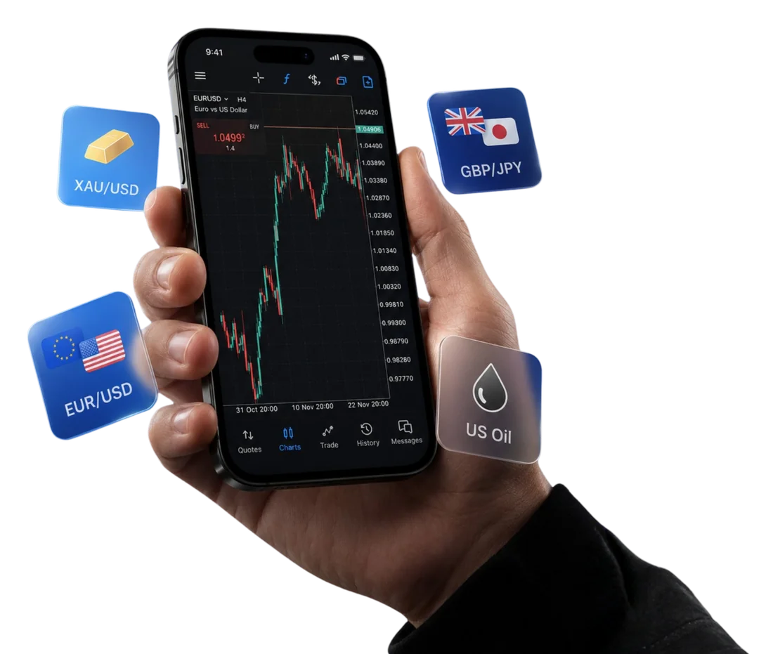 MetaTrader 5 mobile trading app showing live forex and commodity quotes